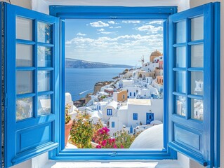 iew from an open window with blue shutters of the Aegean sea caldera coastline and whitewashed town of Oia Santorini Greece - ai