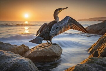 Cormorant Drying Its Wings on a Rocky Shoreline at Sunrise