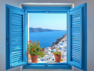 iew from an open window with blue shutters of the Aegean sea caldera coastline and whitewashed town of Oia Santorini Greece - ai