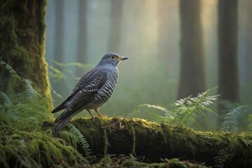 Fototapeta premium Cuckoo in a Misty Forest at Dawn