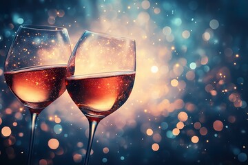 Two wine glasses with sparkling bokeh lights in the background