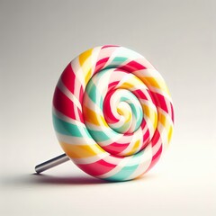 Obraz premium Red, Yellow, Green, and White Striped Lollipop on a Stick for a Festive Sweet Treat