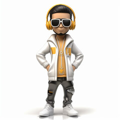 Trendy 3D Illustration of Cool Young Man with Headphones and Sunglasses in Hip Hop Style
