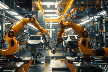 Fototapeta premium Industrial robot arms working on assembly line in factory