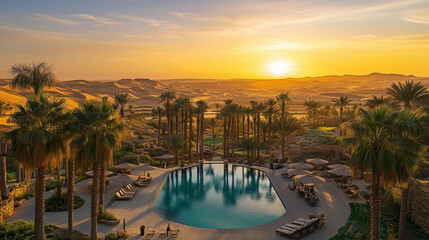 A lush oasis in the middle of a vast, golden desert, with tall palm trees surrounding a pool of crystal-clear water