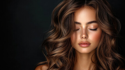 Fototapeta premium Beauty brown hair women with face for hair care product with copyspace