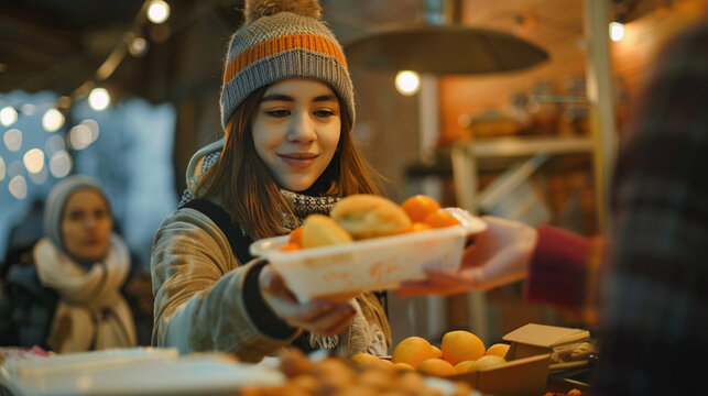 Helping others promoting volunteerism and kindness homeless concept. Woman handing out food to someone in need at a community kitchen, with a warm, caring expression