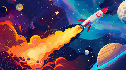 Retro Space Rocket Flying Through Colorful Outer Space with Planets