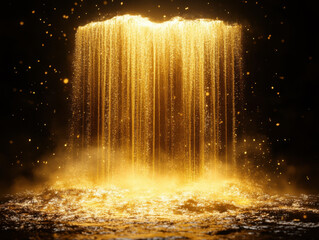 A mesmerizing golden waterfall cascading down, creating a beautiful spectacle of shimmering light and sparkling particles.