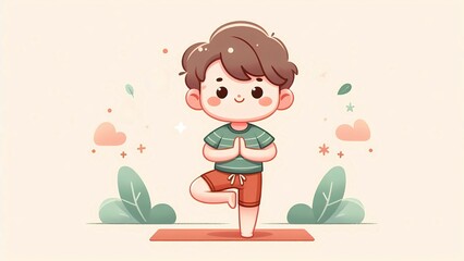 Kawaii Boy Practicing Yoga in Tree Pose, yoga vector illustration