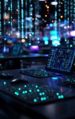 A techdriven office filled with smart desks, AI assistants, and holographic screens, symbolizing the future of digital workspaces