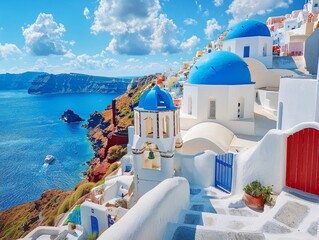 iew from an open window with blue shutters of the Aegean sea caldera coastline and whitewashed town of Oia Santorini Greece - ai