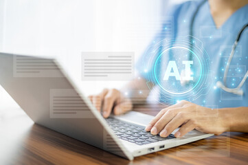 Doctor using AI technology data management improves patient care by analyzing large volumes of...