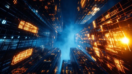 A towering glass skyscraper with neon lighting, representing the futuristic headquarters of a leading digital age corporation