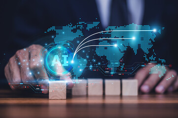 Businessman using AI technology for logistic management improves efficiency by automating route...