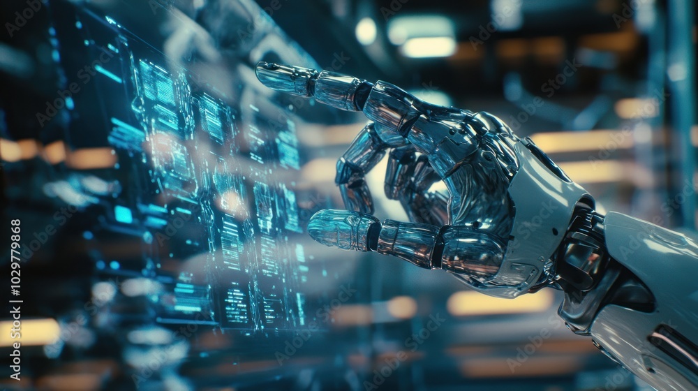 Aufkleber a robotic hand interacts with a futuristic digital interface, showcasing the advancement of technolo