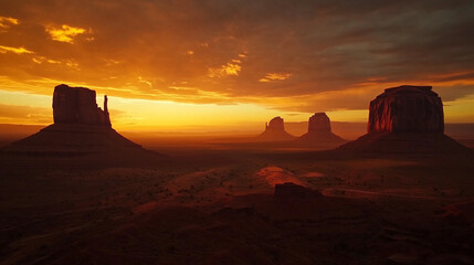 The iconic red rock formations of Monument Valley glowing in the warm hues of sunset.