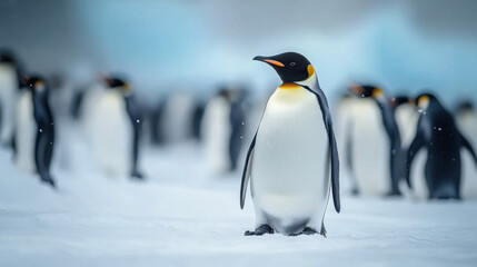 Obraz premium Group of king penguins coming back together from sea to beach with waves in the background