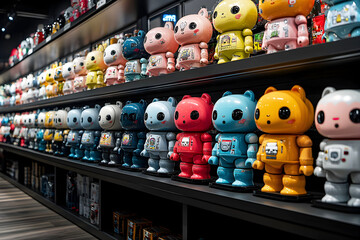 Obraz premium A shelf filled with rows of vibrant Robot bear toy, The colorful display showcases a variety of robot models on the black shelves