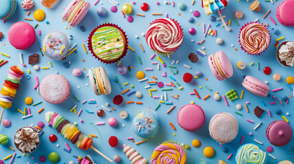 Naklejka premium Colorful Assortment of Sweets and Lollipops on Blue Background