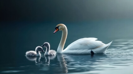 Obraz premium a swan swimming with two cygnets in tranquil blue water
