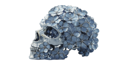 A skull with flowers on it. The skull is made of metal and has a blue and white color scheme. The flowers are scattered all over the skull, giving it a unique and artistic appearance