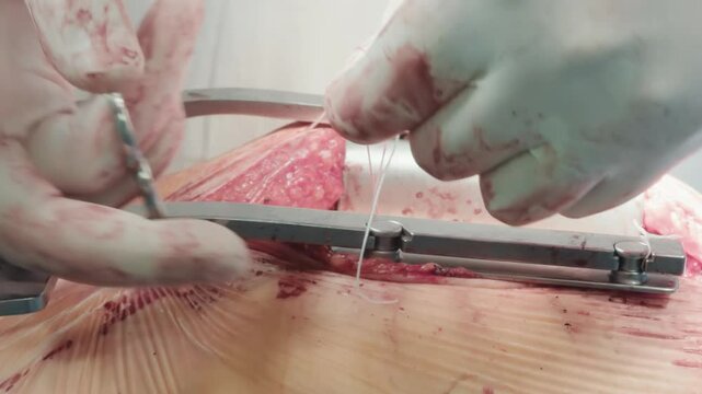 Medic ties threads during surgery. Surgeon hands check metal rib spreaders to keep patient chest open. Coronary artery bypass graft surgery in clinic
