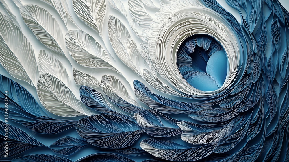 Poster detailed paper cut peacock feather pattern with intricate layers and fine lines, creating an elegant