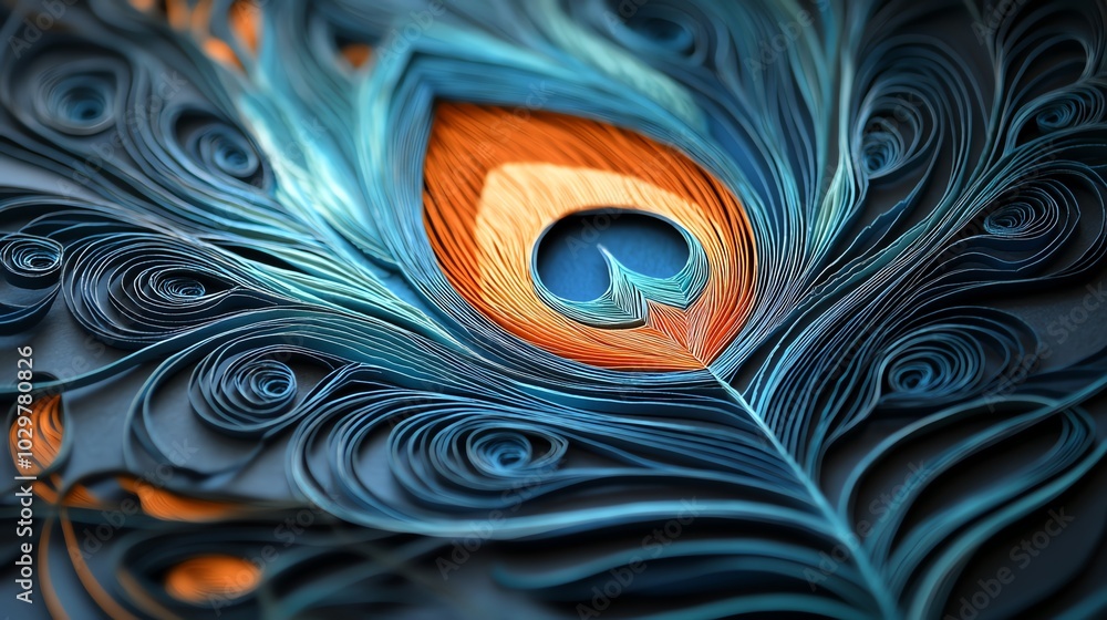 Poster detailed paper cut peacock feather pattern with intricate layers and fine lines, creating an elegant