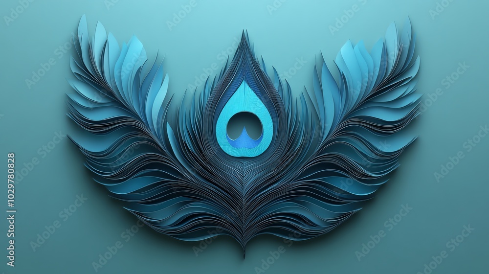 Poster detailed paper cut peacock feather pattern with intricate layers and fine lines, creating an elegant