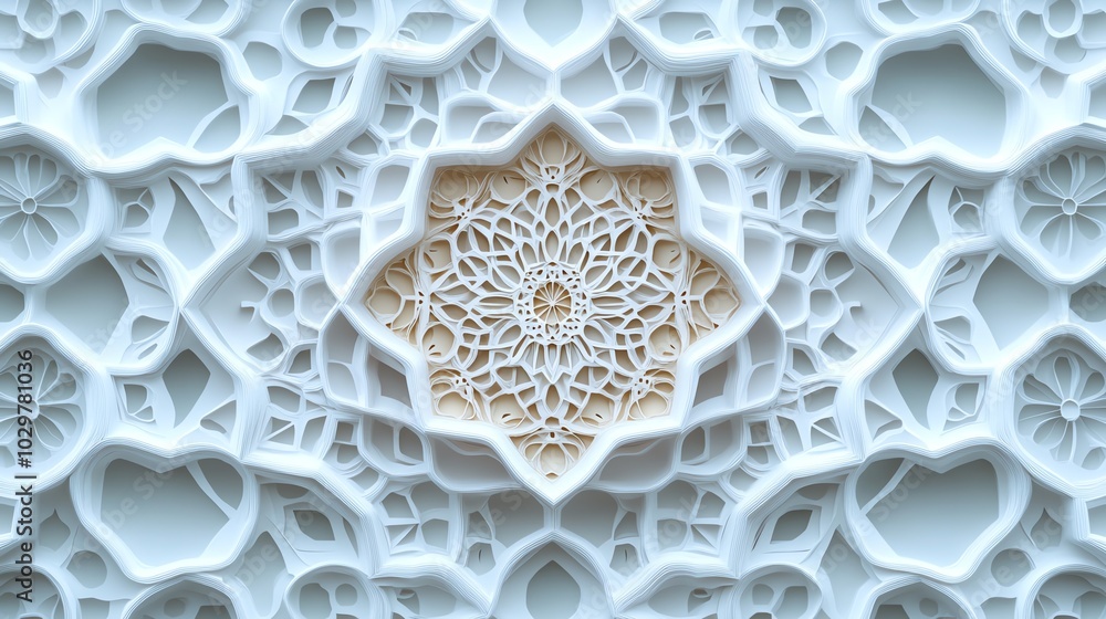 Poster paper cut geometric hexagon pattern with intricate, overlapping layers and precise details, paper cu