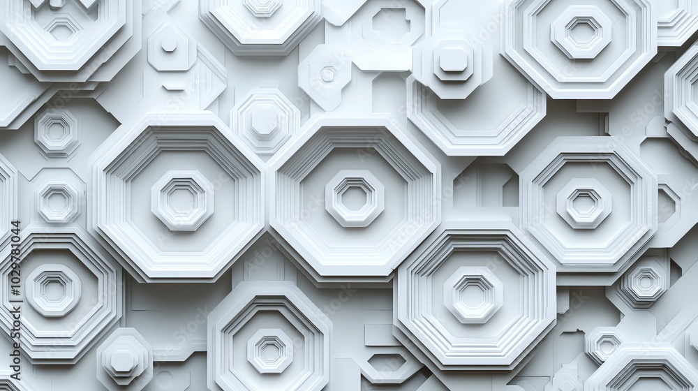 Poster paper cut geometric hexagon pattern with intricate, overlapping layers and precise details, paper cu