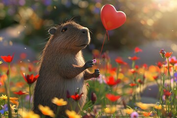 Sweet 3D cartoon capybara holding a heart-shaped balloon, standing in a field of flowers,  created...