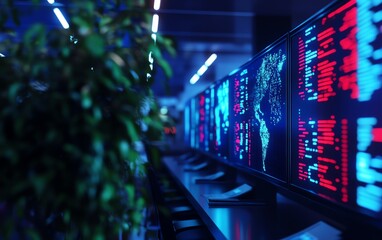 A futuristic corporate office filled with AIpowered assistants, smart glasses, and holographic screens displaying realtime analytics