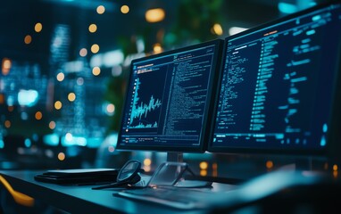 A futuristic corporate office filled with AIpowered assistants, smart glasses, and holographic screens displaying realtime analytics