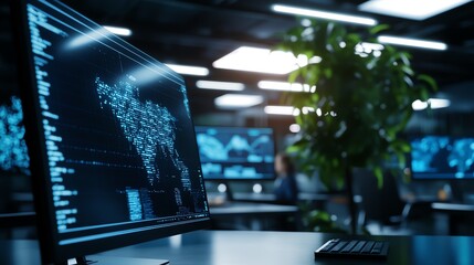 A futuristic corporate office where employees are collaborating using augmented reality headsets, AI assistants, and holographic touchscreens