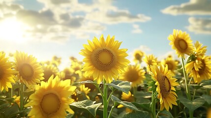 Obraz premium Sunflower field at sunset sunflower blooming in summer.