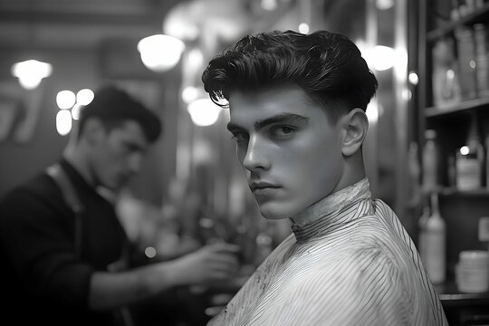Stylish Portrait of a Handsome Man in Classic Barbershop, Black and white photo