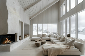Fototapeta premium large living room with white walls, large windows and an open fireplace, in the style of norwegian nature