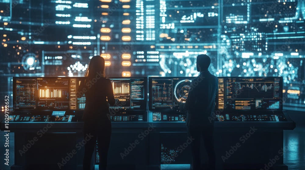 Poster two business professionals stand in front of a bank of monitors displaying data, charts and graphs.