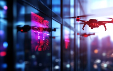 A futuristic office building with sleek glass walls, surrounded by holographic billboards and flying drones, showcasing the essence of a digital age company