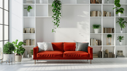 Modern Minimalist Living Room Interior Design Featuring a White Square-Spaced Bookshelf, red Sofa, and Plants