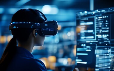 A futuristic office environment where employees are using AIdriven software, virtual reality headsets, and smart assistants for daily tasks