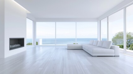 Fototapeta premium A large white living room with a fireplace and a view of the ocean. The room is empty and has a clean, modern look