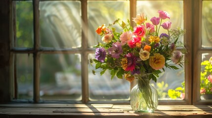 A vase of flowers sits on a table by a window, with sunlight streaming in