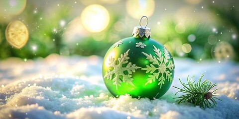 Obraz premium A shimmering green Christmas ornament with snowflake patterns rests on a bed of freshly fallen snow, bathed in a gentle, sunlit glow, creating a festive ambiance.
