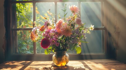 A vase of flowers sits on a wooden table by a window