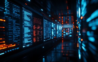 A futuristic research and development building, surrounded by digital screens displaying data and cuttingedge technological advances