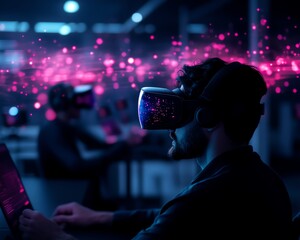 A group of digital professionals collaborating with AI assistants, holographic screens, and virtual reality tools in a futuristic office space