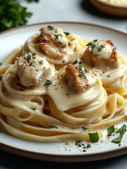 pasta in the form of four nests of flat pasta stacked on a white plate with smooth edges